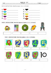 English Worksheet: Colours, classroom objects and numbers quiz. 