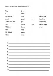 English Worksheet: Present Simple activity - match the words in order to make 10 sentences