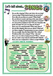 English Worksheet: LETS TALK ABOUT SONGS (SPEAKING SERIES 84)