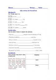 English Worksheet: daily routines, the time and the food test