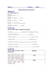 English worksheet: daily routines, the time and the food test