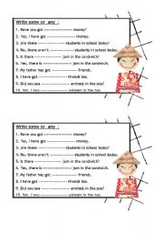 English Worksheet: some and any