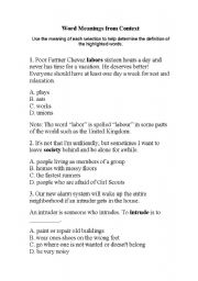 English Worksheet: Word Meanings from Context  