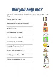English worksheet: Will you help me? unscramble sentences worksheet and reading comprehension