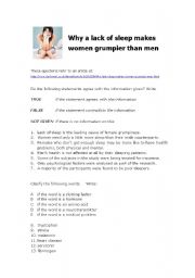 English Worksheet: Why a lack of sleep makes women grumpier than men