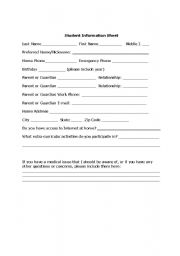 English worksheet: Student Information Sheet