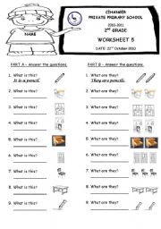 English Worksheet: Classroom objects / Names/ Ages
