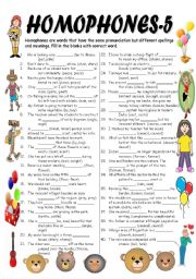 English Worksheet: HOMOPHONES-5 (Editable with Key)