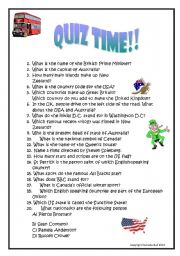 English Worksheet: English speaking countries Quiz