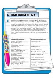 English Worksheet: Ni Hao from China. Reading.