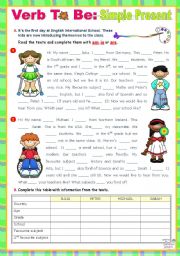 English Worksheet: Verb to be: Simple Present   -    Focus on Reading + Writing skills + Grammar  (90-minute class)