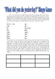 English worksheet: What did you do yesterday bingo game