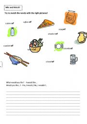 English worksheet: Mix and Match- a bowl of...., a glass of... etc.