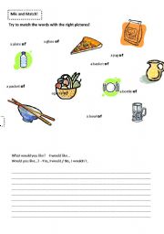 English Worksheet: Mix and Match- a bowl of...., a glass of... etc.
