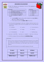 English worksheet: Bingo so & neither + grammar exercise