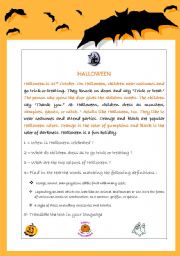 English Worksheet: Halloween small text with comprehension questions