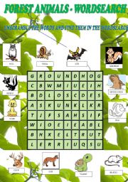 English Worksheet: FOREST ANIMALS - WORDSEARCH