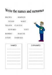 English worksheet: NAMES AND SURNAMES
