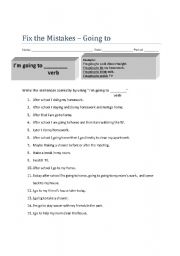 English worksheet: Im going to- fix the mistakes. Present Continuous Future 
