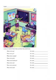 English Worksheet: Where are the classroom objects?