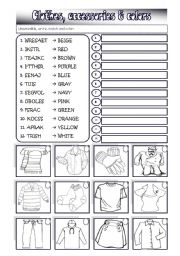 English Worksheet: Clothes, accessories & colors (unscramble, write, match and color) +++fully editable