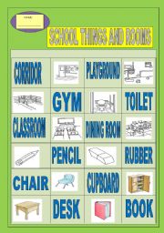 English Worksheet: school things and rooms