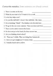 English worksheet: Correct the mistakes - Present Simple + Continuous, possessive case, there is/there are, plurals