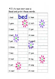 English Worksheet: short vowel e