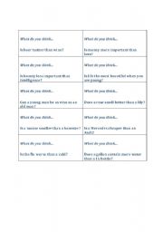 English worksheet: What do you think.. - expressing opinion and comparative/ superlative reminder