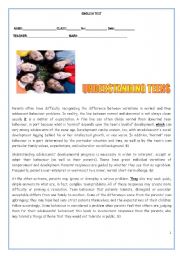 English Worksheet: TEST: UNDERSTANDING TEENS