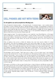 English Worksheet: TEST: CELL PHONES ARE HOT WITH TEENS