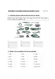 English Worksheet: Countable and Uncountable nouns