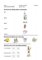 English worksheet: senses+safety+cleanliness