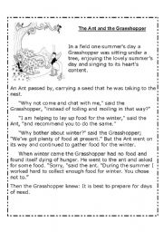 English Worksheet: The ant and the grasshopper: Reading and Activities