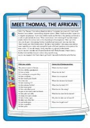 MEET THOMAS THE AFRICAN . READING COMPREHENSION.