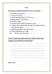 English worksheet: quiz about fact and opinion