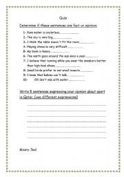 English Worksheet: quiz about fact and opinion