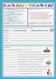 English Worksheet: Do you like PLAYING or Would you like TO PLAY?