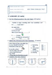 English Worksheet: Mid term 1 test (7th form) for Tunisian pupils.