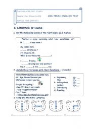 Mid term 1 test (7th form) for Tunisian pupils.