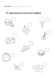 English worksheet: Food, listen and write the numbers
