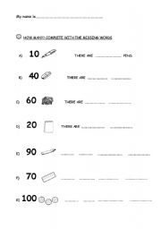 English worksheet: School things + numbers 10-100
