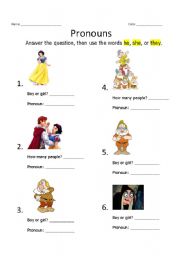 English Worksheet: Pronouns: he, she, they