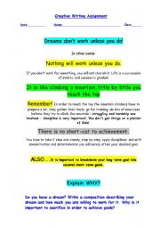 English Worksheet: Creative Writing - Dreams dont work unless you do