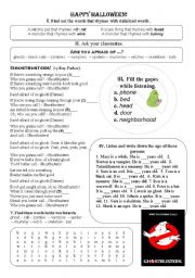 English Worksheet: Halloween tasks + song Ghostbusters