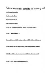 English Worksheet: Questionnaire - Getting to know you!