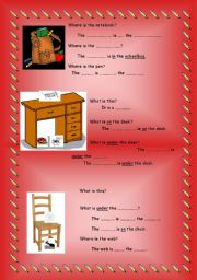 English Worksheet: simple prepositions, classroom objects and bugs revision