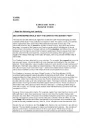 English Worksheet: DID EXTRATERRESTRIALS VISIT THE EARTH IN THE DISTANT PAST? Passive Voice test and reading comprehension