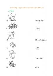 English worksheet: Identifying Toys and Classroom Objects