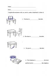 English Worksheet: On, next to, under, behind and in front of.